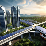 **Futuristic Iskandar Malaysia Smart City skyline. Depict modern architecture integrated with green spaces, solar panels, and advanced transportation systems like electric buses and light rail. Show data flowing visually through the city (e.g., light streams). Include people from diverse backgrounds interacting in public spaces. A sense of technological advancement and sustainability should be conveyed.**