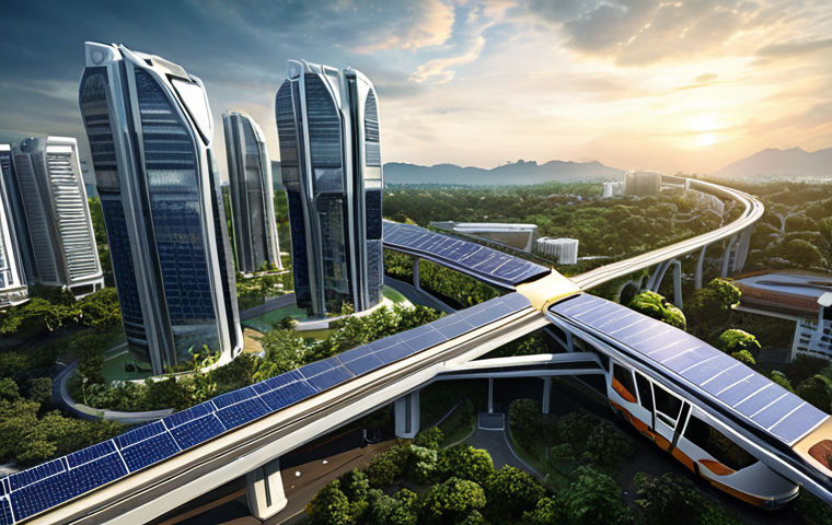 **Futuristic Iskandar Malaysia Smart City skyline. Depict modern architecture integrated with green spaces, solar panels, and advanced transportation systems like electric buses and light rail. Show data flowing visually through the city (e.g., light streams). Include people from diverse backgrounds interacting in public spaces. A sense of technological advancement and sustainability should be conveyed.**