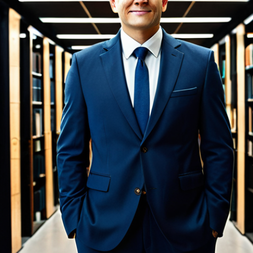 A professional digital law expert, confident and focused, wearing a modest business suit. The individual is positioned between a traditional law library setting with classic legal books and a futuristic, illuminated server room or network hub, symbolizing the bridge between law and technology. The environment is clean and modern, with subtle digital lines connecting the two spaces. Perfect anatomy, correct proportions, well-formed hands, proper finger count, natural body proportions, natural pose, professional photography, high quality, safe for work, appropriate content, fully clothed, professional dress, family-friendly.
