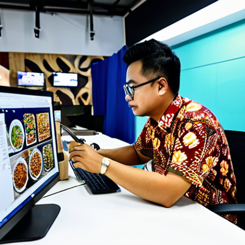 **

A professional Malaysian graphic designer in a modern, brightly lit co-working space, fully clothed in a batik shirt and smart casual attire. They are working on a 3D model of a virtual "pasar malam" (night market) stall on a large monitor. The stall is filled with colorful Malaysian street food like "nasi lemak" and "satay". The background shows other designers collaborating. Safe for work, appropriate content, perfect anatomy, natural proportions, professional, modest, family-friendly, well-formed hands, proper finger count.

**