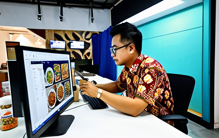 **

A professional Malaysian graphic designer in a modern, brightly lit co-working space, fully clothed in a batik shirt and smart casual attire. They are working on a 3D model of a virtual "pasar malam" (night market) stall on a large monitor. The stall is filled with colorful Malaysian street food like "nasi lemak" and "satay". The background shows other designers collaborating. Safe for work, appropriate content, perfect anatomy, natural proportions, professional, modest, family-friendly, well-formed hands, proper finger count.

**